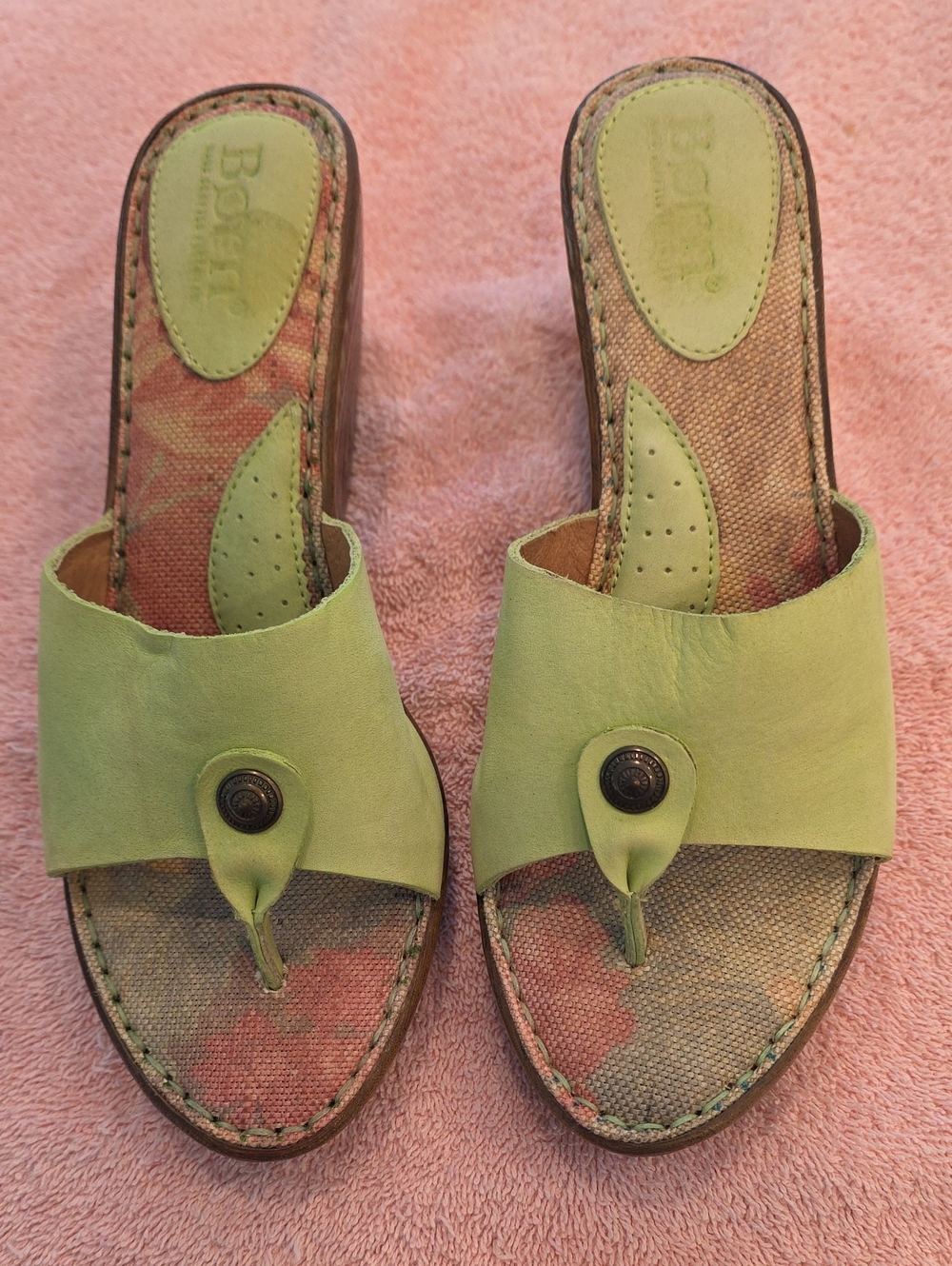 Born celery Green Leather Mules.  Linen Footbed With Leather Cushioning.